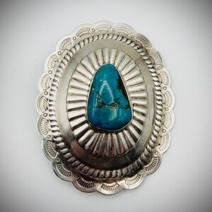 Large Sterling Turquoise Concho Belt Buckle 85g 3.75" x 3"